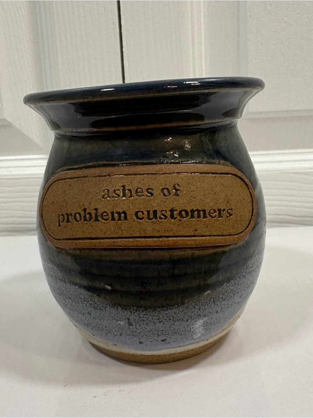 Funny Stoneware Vase Crock “Ashes of Problem Customers” Blue Pottery Decor